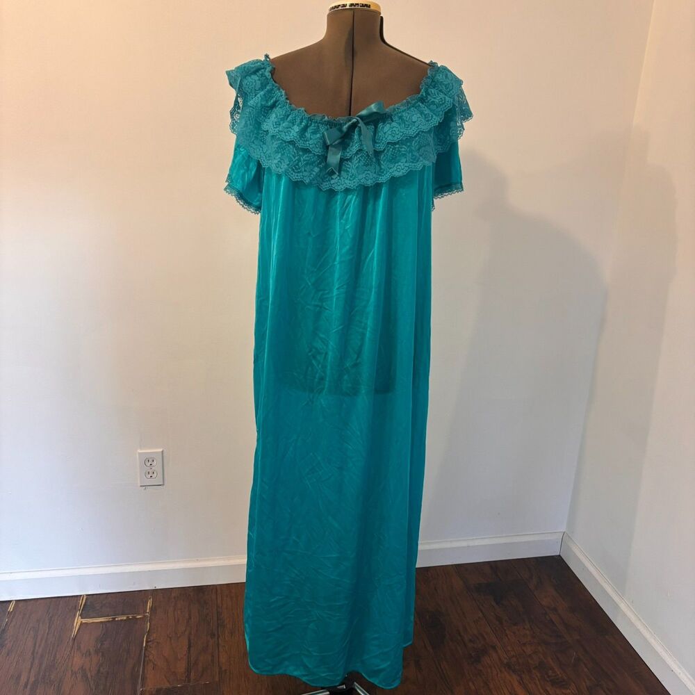 Vintage Village Fair 80s Jewel Tone Bright Mumu Nightgown Ruffle Sleep Dress
